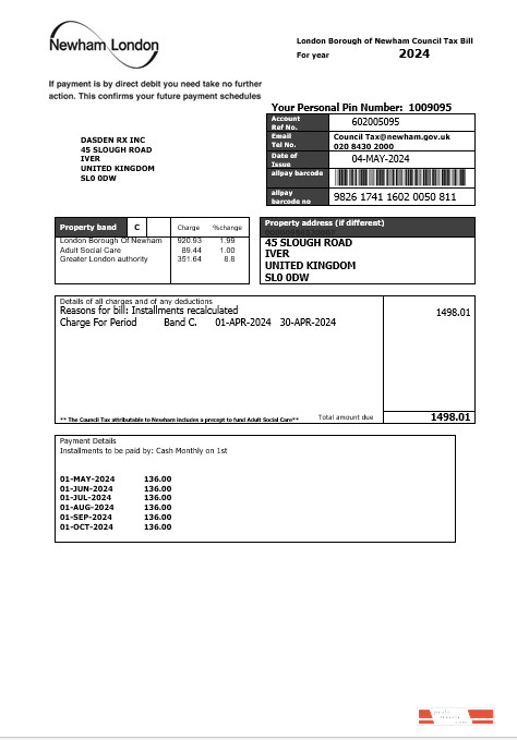 United Kingdom London of Borough of Newham council tax business utility bill template in Word and PDF formats
